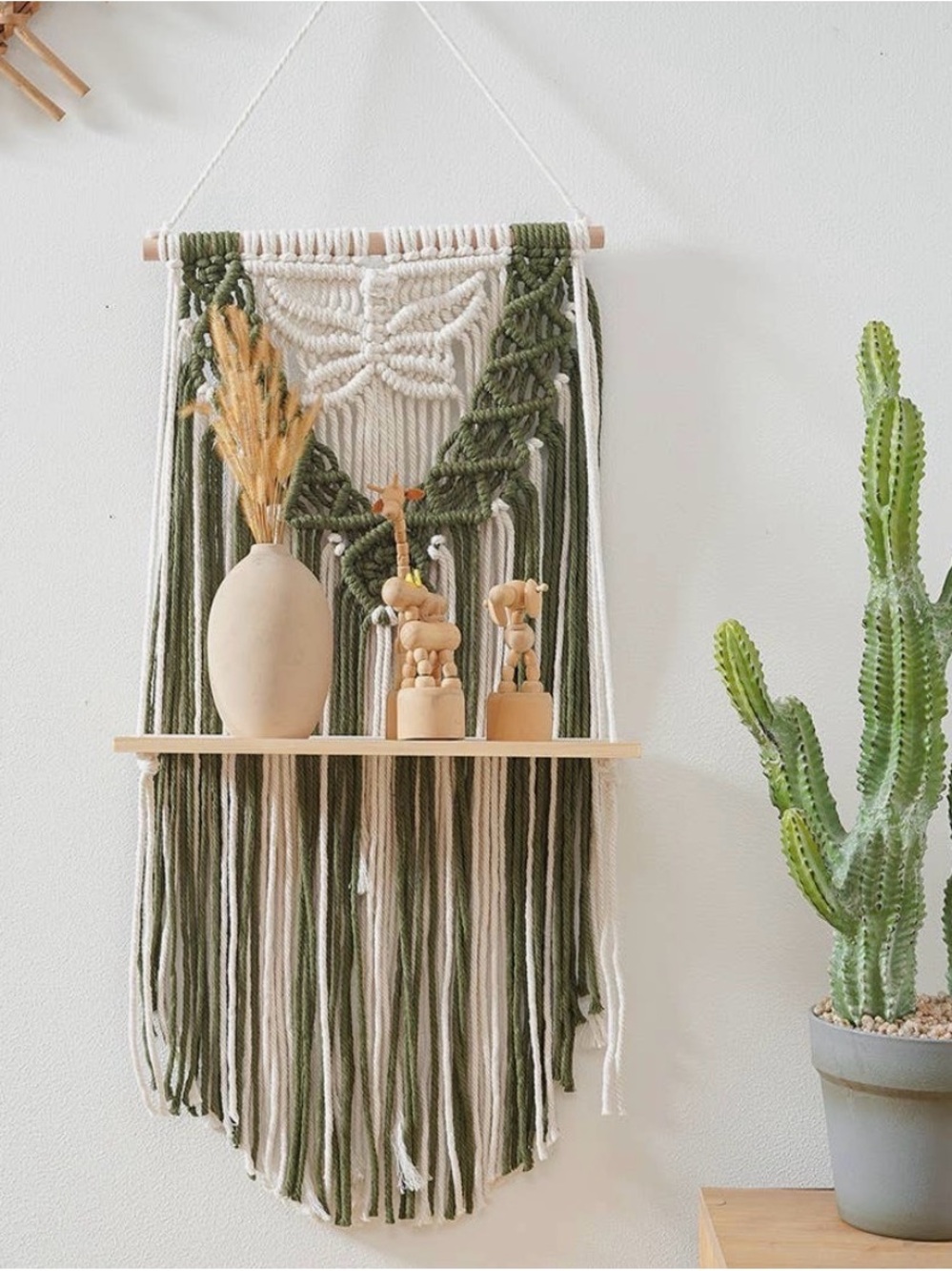 Boho Macramé Wall Hanging Shelf in Olive Green and Cream